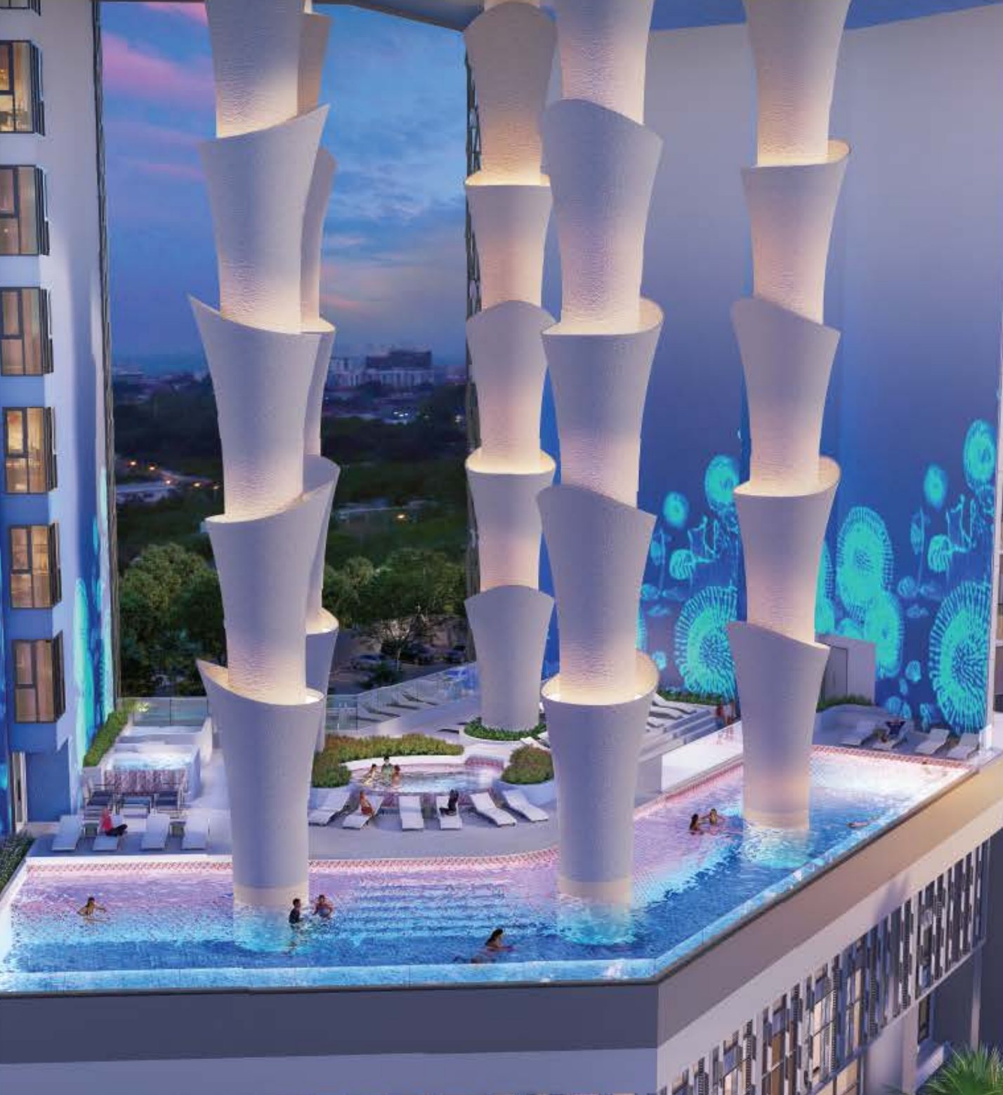 The Coral Pool with sculptural columns on the 6th floor
