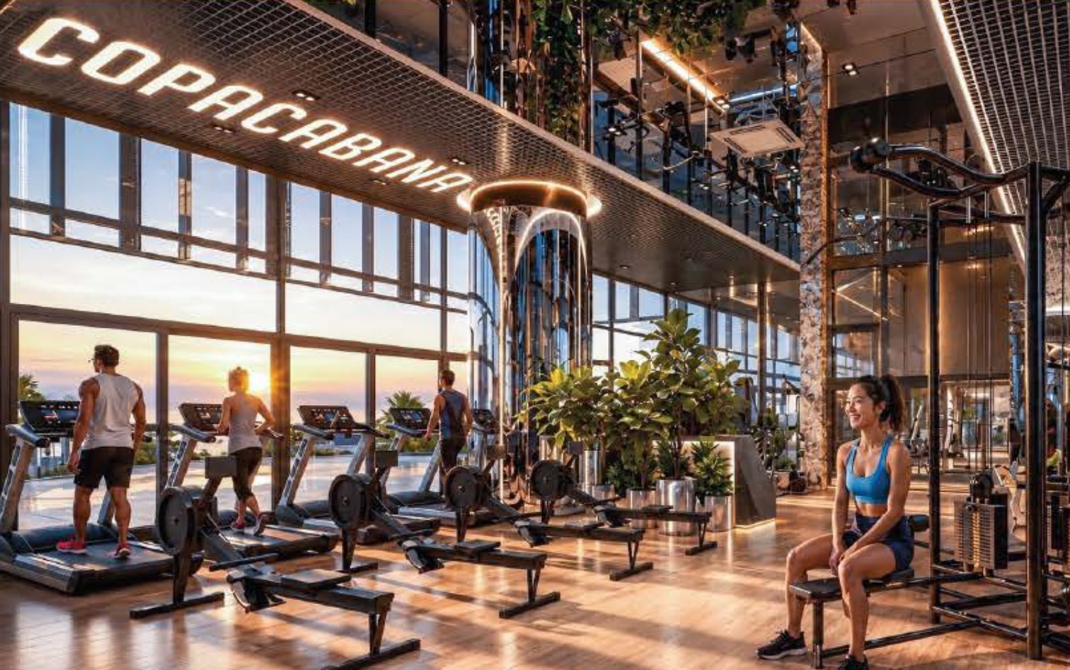 High-ceiling gym with sea views
