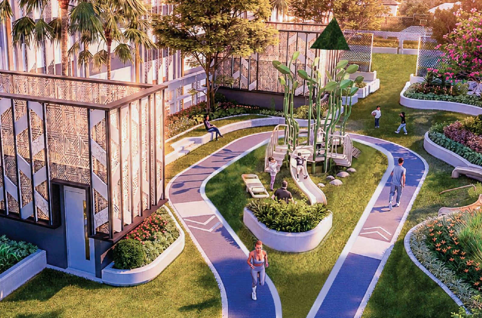 Rooftop running track, relaxing area and playground