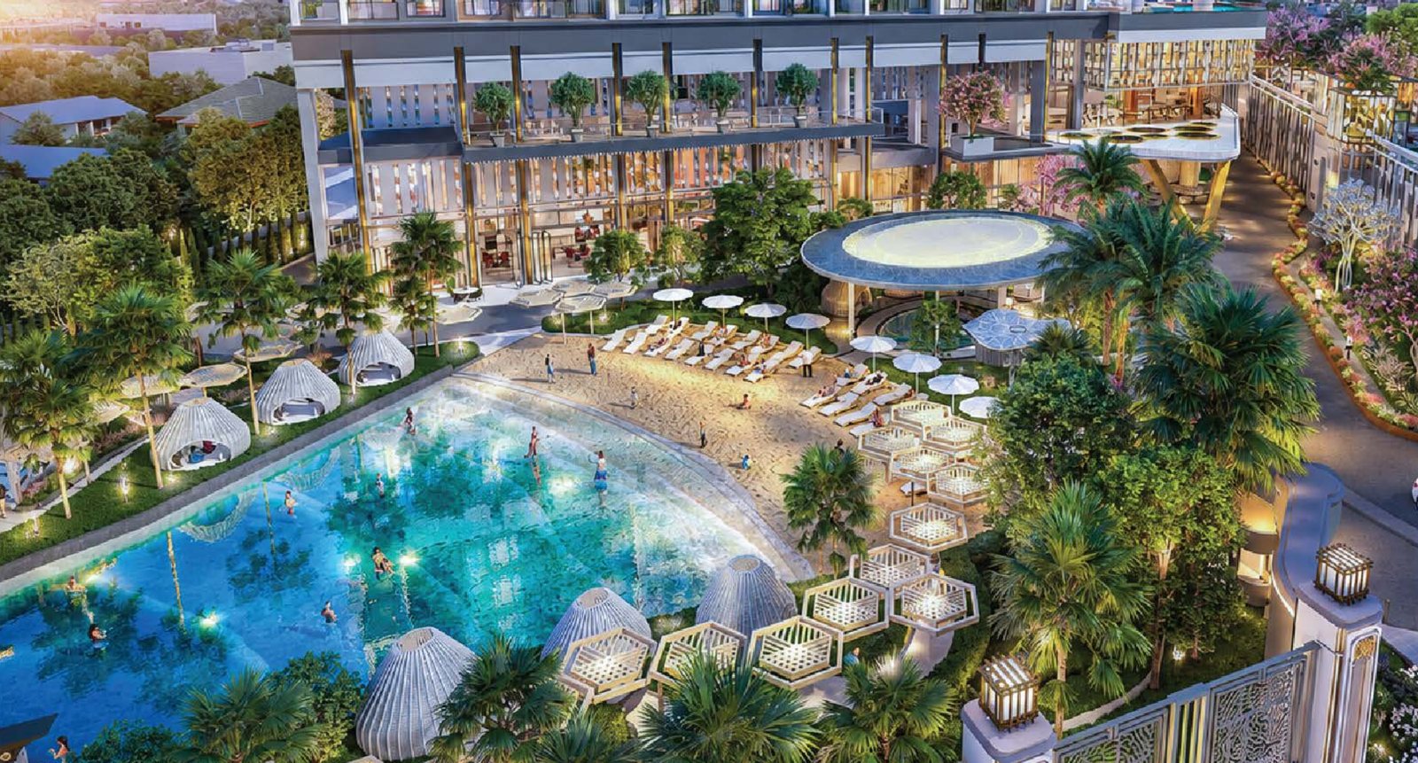 Wave pool and beach club on the ground floor
